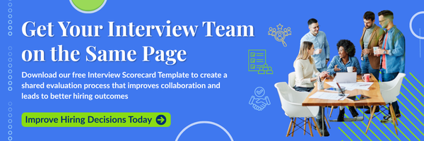 Team of five discussing around a table with text promoting a free Interview Scorecard Template for better hiring collaboration.