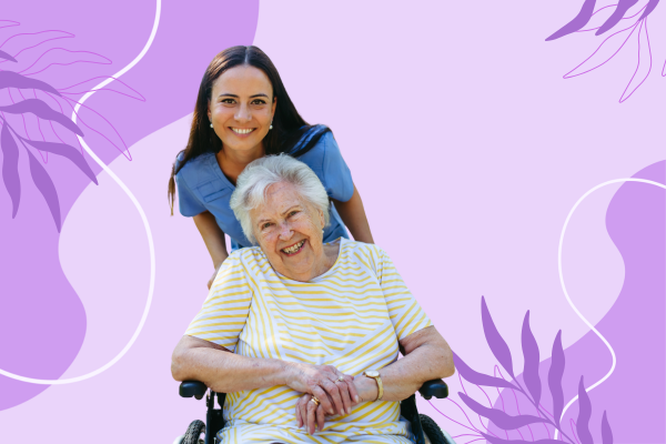 blog image featuring an elderly female and caregiver promoting our women's history focused blog about leadership rooted in service and community