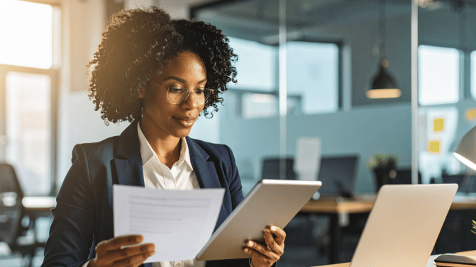 A woman in a business suit is comparing documents while holding a tablet in a modern office setting with soft lighting.