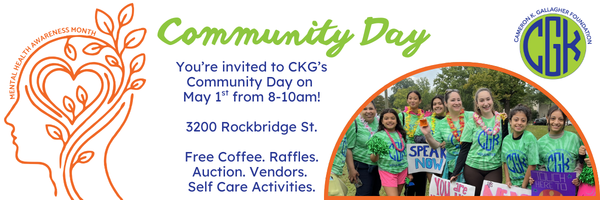 Invitation to CKG's Community Day on May 1, 8-10am, with free coffee, raffles, vendors, and self-care activities, featuring a group photo.