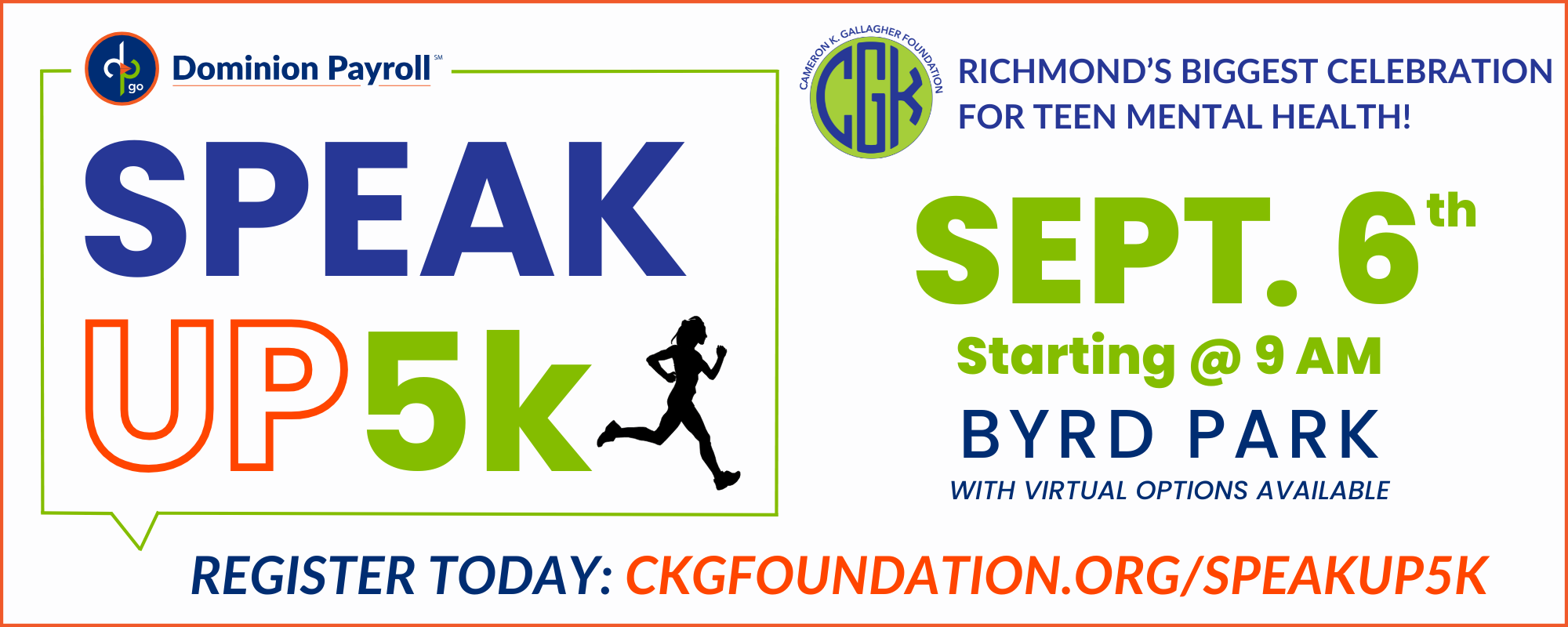 A promotional banner for the Speak Up 5k event on Sept. 6 at Byrd Park, emphasizing teen mental health and virtual participation options.