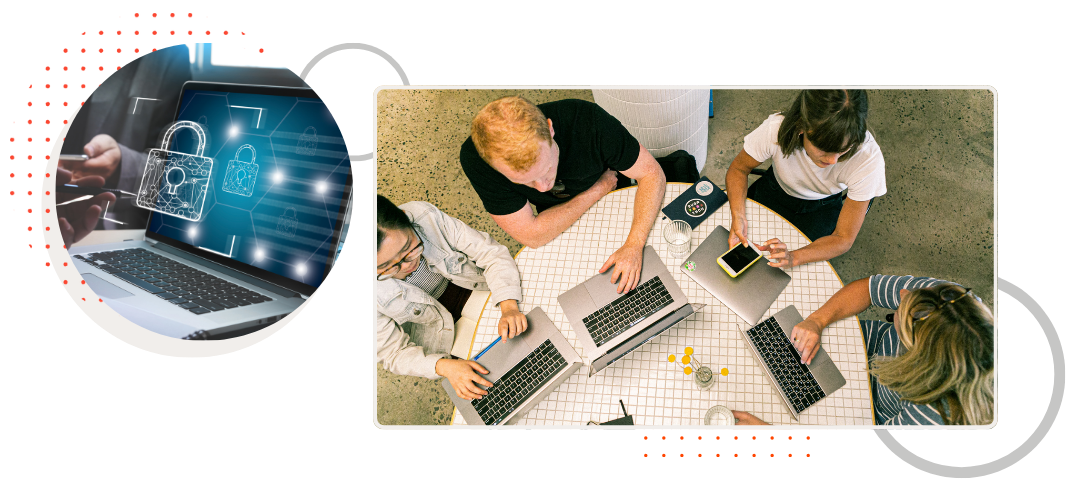 A group of individuals collaborates at a table with multiple laptops and devices, surrounded by notes and beverages.