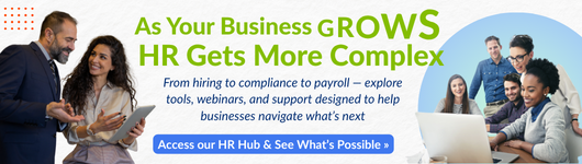 Business professionals collaborating with text about HR solutions for growing businesses and a call-to-action button to access HR resources.