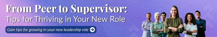 Banner with text "From Peer to Supervisor: Tips for Thriving in Your New Role" and a diverse group of people standing confidently on a purple background.