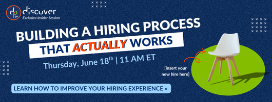 Promotional banner for a hiring process webinar on June 18 at 11 AM ET with a white chair labeled "insert your new hire here."