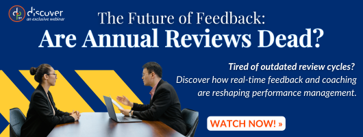 A webinar invitation discussing the evolution of feedback and performance management, featuring a man and woman in conversation.
