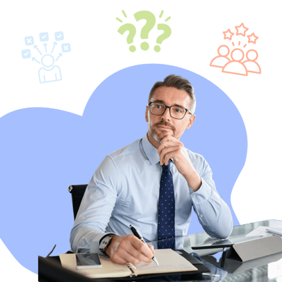 Businessman in blue shirt and tie writing in planner, surrounded by icons of decision-making and teamwork on a black and blue background.