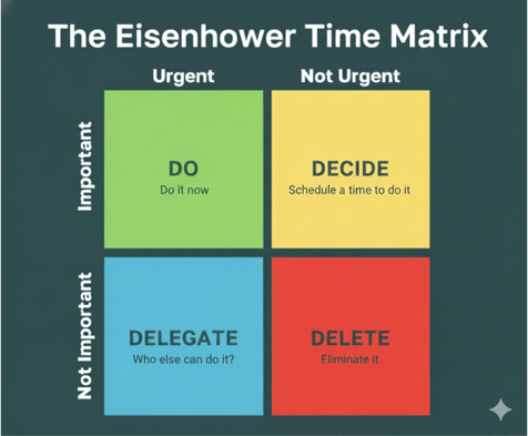 Graphic featuring 4 boxes of the Eisenhower Time Matrix