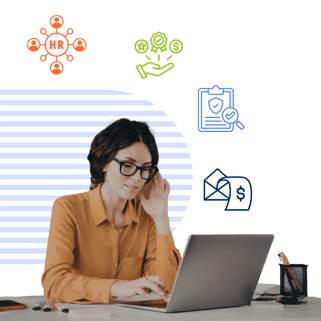 Young woman with glasses working on a laptop, surrounded by HR, finance, compliance, and payment icons on a dark background.
