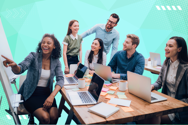 Female lead working with her team promoting blog on a lesson in leadership 