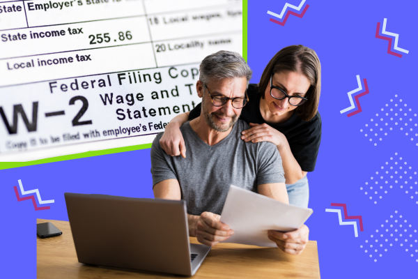 A person reviews tax documents, including a W-2 form, while seated at a desk with a laptop, surrounded by colorful graphic elements.