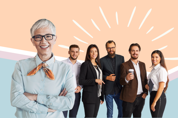 A diverse group of six professionals stands together, exuding confidence against a colorful, stylized backdrop.